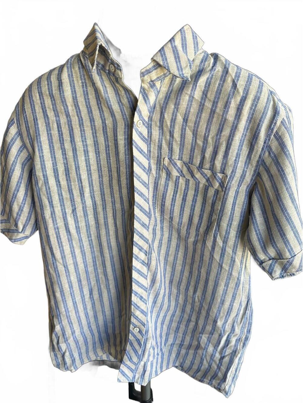Surya Blue Beige Linen Stripe Shirt Men's L